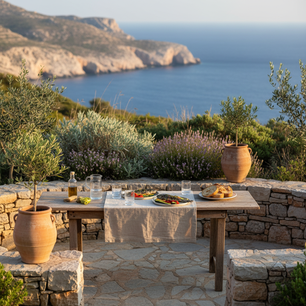 A secluded outdoor dining setup on a stone patio surrounded by low, dry-stacked walls and native Mediterranean plants: wild thyme, sage, and small olive trees in terracotta pots. A narrow wooden table is dressed with a natural linen runner, simple glassware, and a few small plates of grilled fish, roasted vegetables, and rustic bread. In the far background, the suggestion of a sunlit, rocky coastline and deep blue sea is softened into a gentle blur. The scene is illuminated by the last light of sunset, with a warm, diffused glow and subtle reflections in the glassware. Photographic realism, captured at a slightly wide angle, conveying serenity, exclusivity, and an authentic connection to the Greek landscape without feeling commercial or staged.
