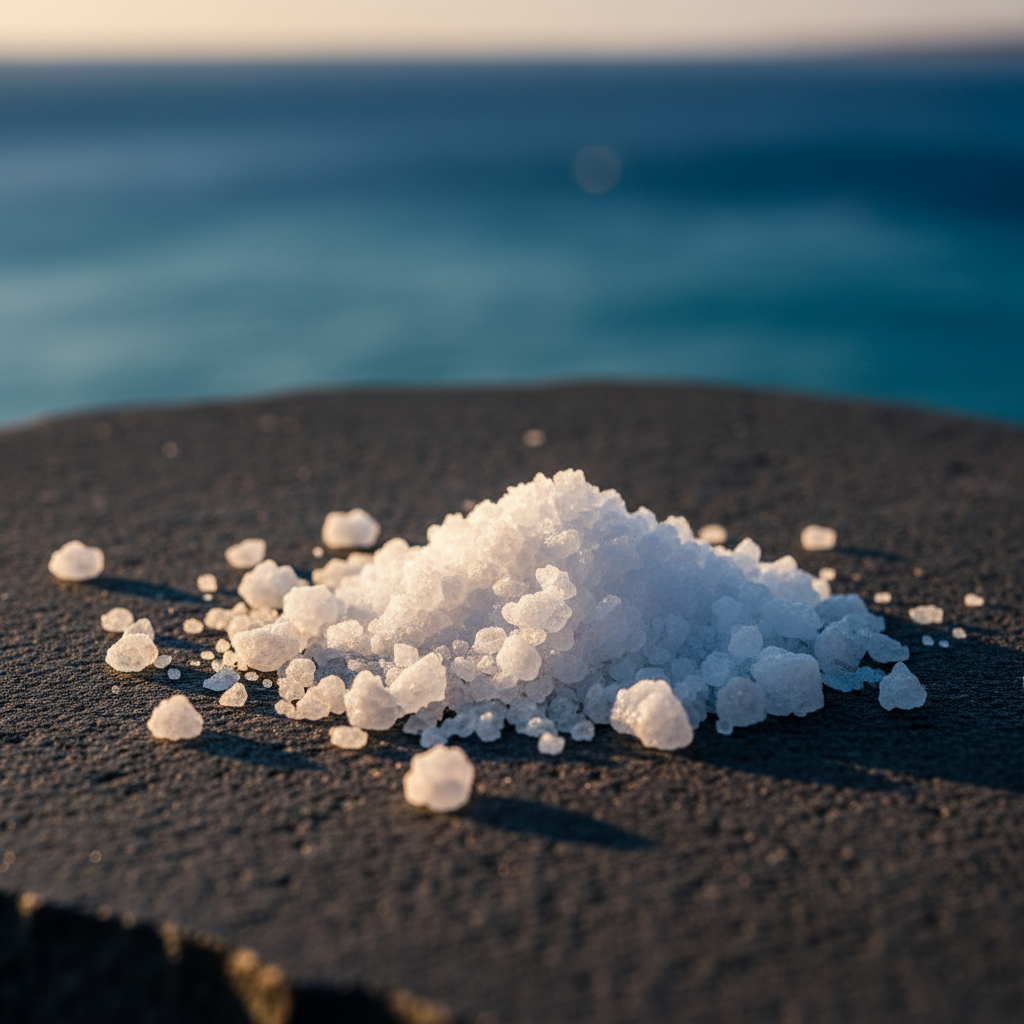 A moody, cinematic close-up of coarse sea salt crystals scattered on a dark stone surface, with a shallow depth of field. A hint of the deep Aegean sea is softly blurred in the background. The light is warm and golden, evoking Mediterranean late afternoon sun. The composition feels philosophical and elemental — salt, sea, and stone. Editorial fine-dining photography style.