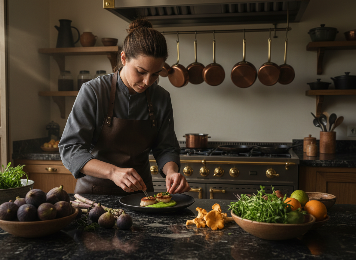 Private chef preparing a refined seasonal dish in an artisanal villa kitchen with dark marble surfaces