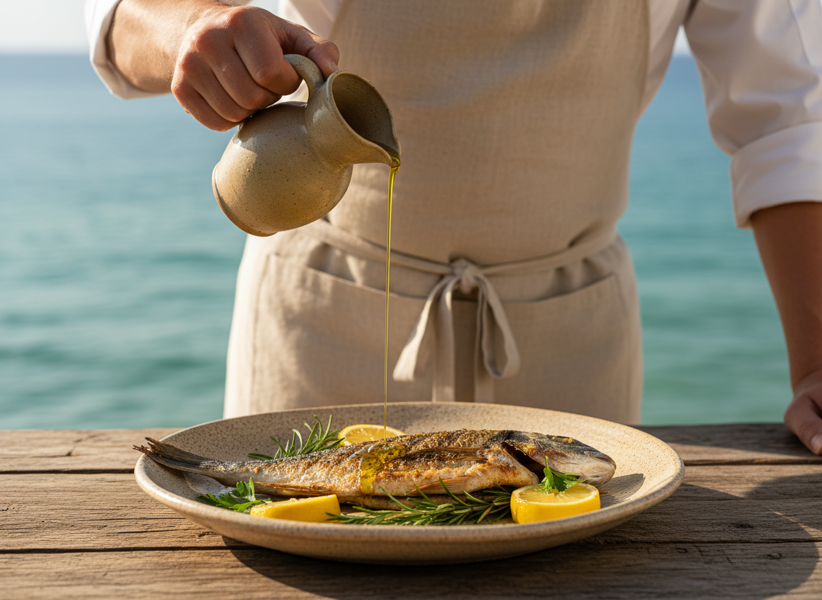 Chef pouring olive oil onto a whole grilled sea bream by the sea